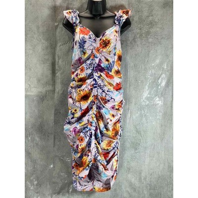 GUESS Women's Lilac Multi Floral V-Neck Ruched Bodycon Mini Sheath Dress SZ 12