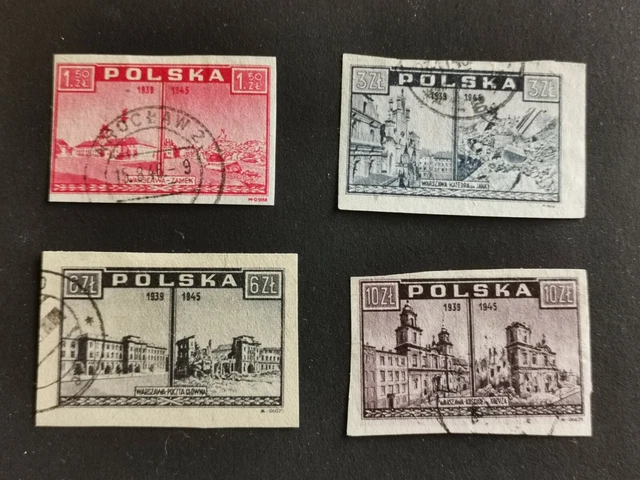 1945 Polen MiNr 414, 415, 417, 419, Gestempelt mit Falz - Warschau klagt an