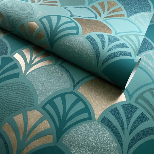 Papier peint vinyle sur intissé Art déco Motif floral bleu et doré