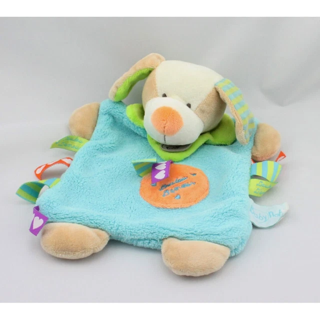 Doudou plat chien bleu vert orange étiquettes Les ZétiK'T BABY NAT - 16666