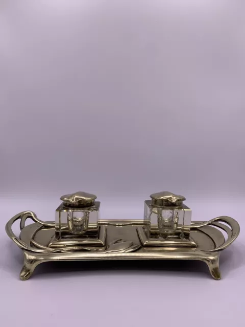 Antique Brass Art Nouveau Unique Double Glass Inkwell Flower Desk Study Decor 3