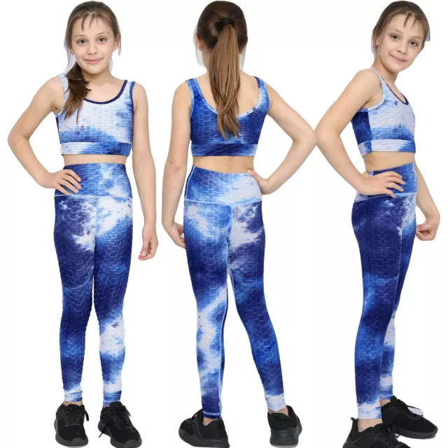 Girls Honeycomb Navy Leggings Crop Top Vest Dance Yoga Exercise High Waist Set