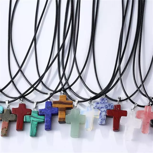 Natural Quartz Crystal Stone Chakra Healing Gemstone Cross Pendant Necklace