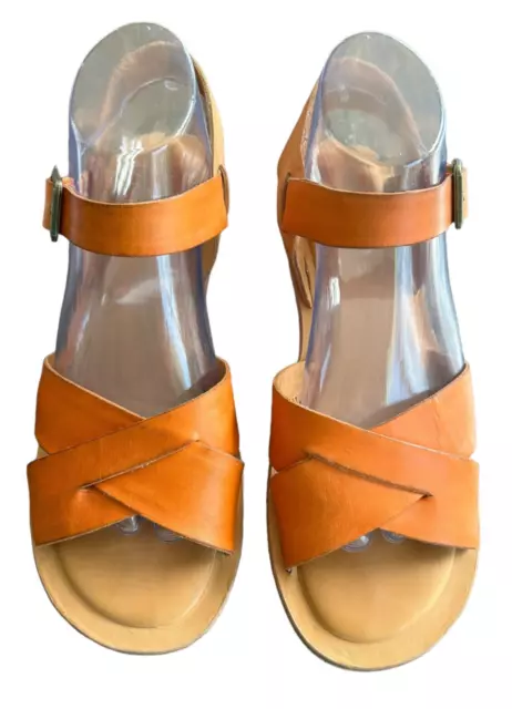 Kork-Ease Womens Myrna Wedge Sandals 9 Leather Orange Ankle Strap Buckle Comfort