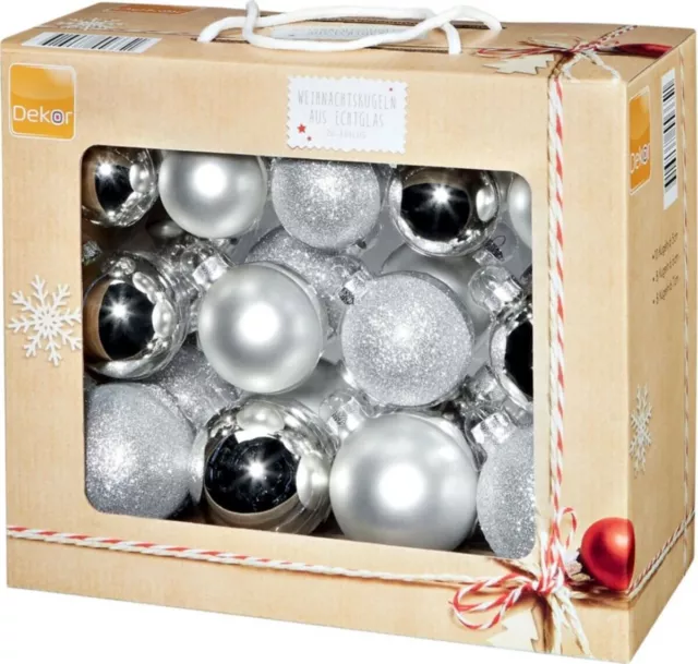 Dekor Weihnachtskugeln Baumschmuck aus Echtglas 26 Stück in 3 Größen Silbertöne