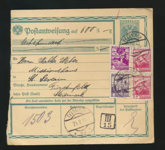 24 Gr. Postanweisung 1936 aus Feldkirch nach Fürstenfeld  + Trachten