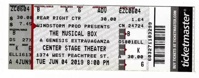The Musical Box Genesis Tribute 6/4/19 Atlanta Center Stage Theater Rare Ticket!
