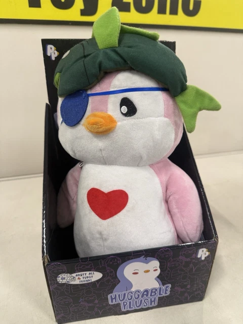 PUDGY PENGUINS HUGGABLE Plush 30cm Pink Fish Hat Eye Patch Heart Boxed ...