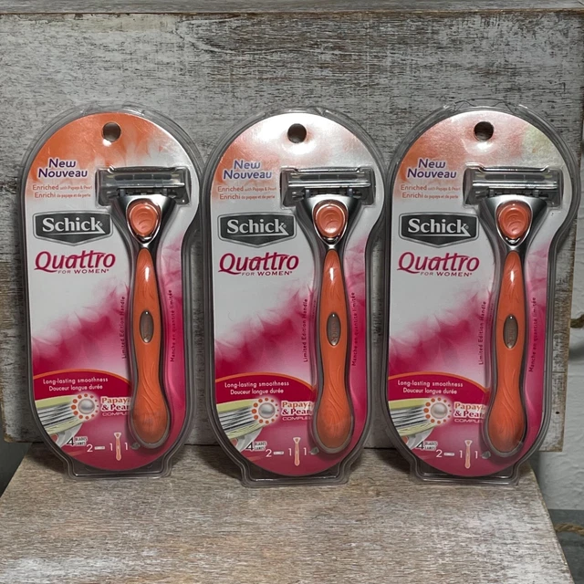 Lote de 3 cuchillas de afeitar Schick Quattro para mujer complejo de papaya y perlas totalmente nuevas
