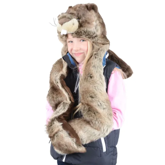 Kids Beaver Hat Luxury Faux Fur With Tail Scarf Mittens Boys Girls Winter