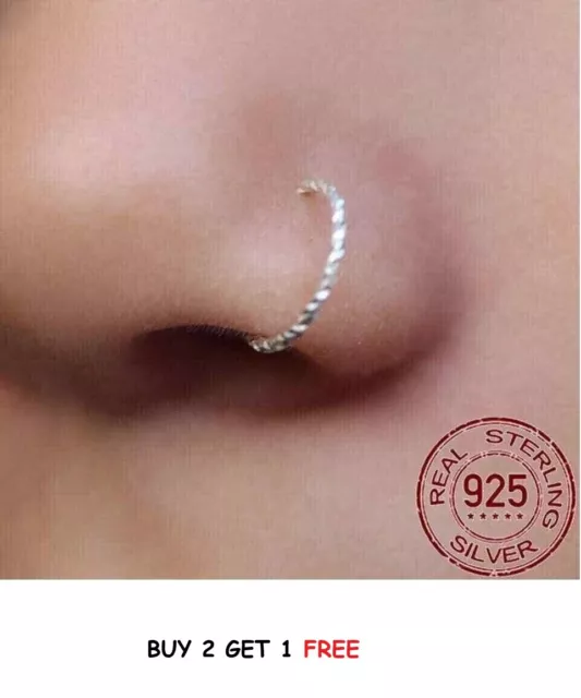Nose Hoop Helix Twisted Cut 925 Sterling Silver Body Piercing Nose Ring Small