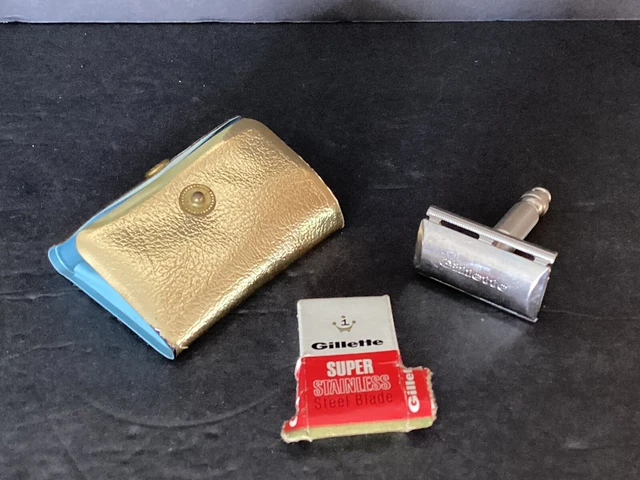 Vintage Gillette Safety Razor P-3 Travel Set Gold Case