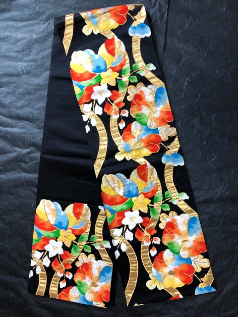 FUKURO Obi Silk Japanese Kimono Vintage Woven Woman Belt Black Colorful Flower