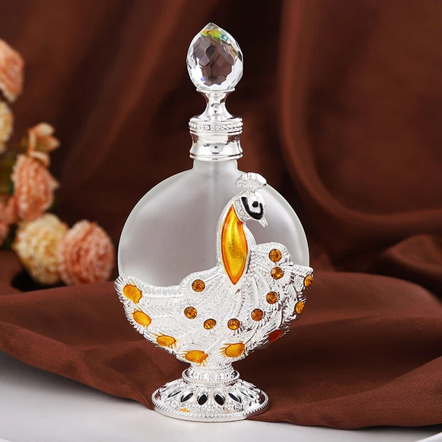Vintage gold peacock perfume glass bottle oil metal empty bottle gifts reusable