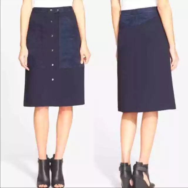 Theory Slyn Suede Ponte Knit Navy Blue A-line Skirt Button Front Women’s Size 2