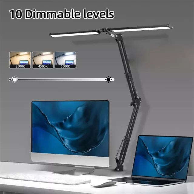 Double Head LED Desk Lamp Clamp Swing Arm Eye-Caring Dimmable 10Brightness Level 2