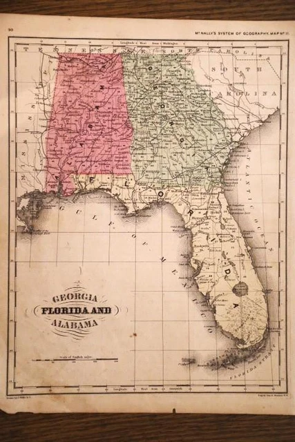 1872 Rare Antique Mcnally Atlas Map-Georgia, Florida, Alabama-United States