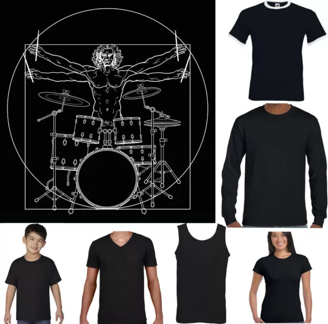 Drumming da Vinci Vitruviano Uomo - T-Shirt Batterista Batteria Tamburo