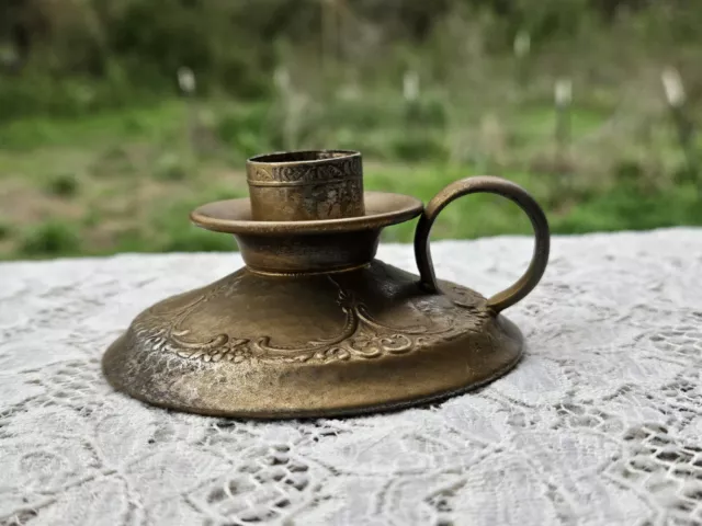 Antique or Old Vintage Metal Candle Holder Chamber Stick Sweet Flowers and Vines