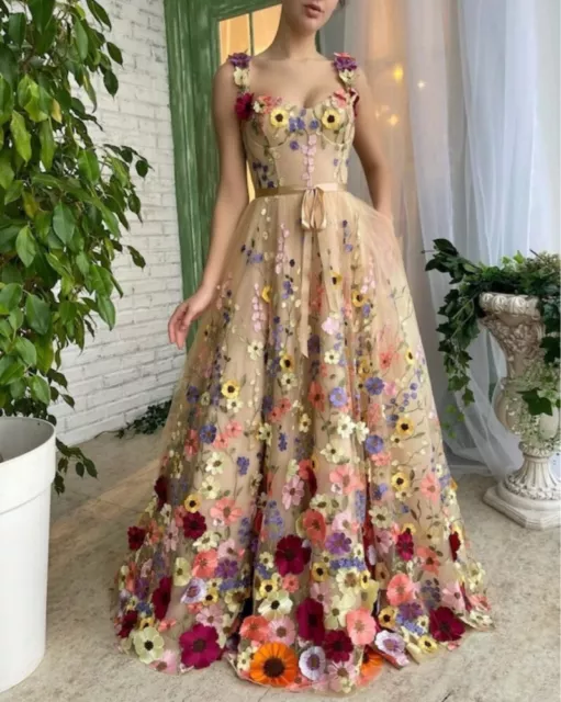 Sexy Romantic Tulle Evening Dresses V-Neck Sleeveless Flower A-line Prom Dress
