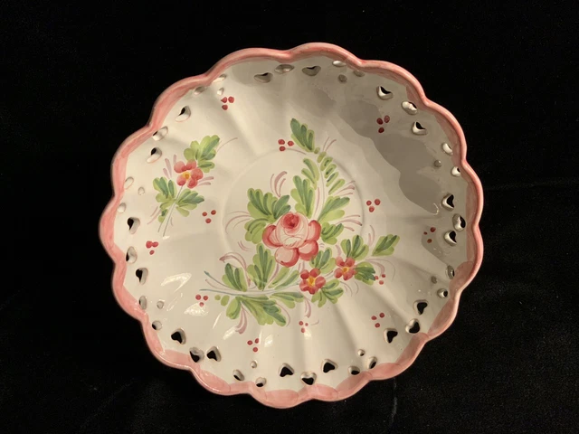 Vintage Italian Majolica 10” Scalloped Edge Bowl/Dishw/Pink Florals Hand Painted 2