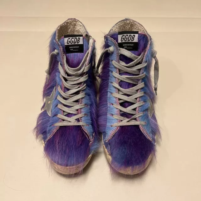 GOLDEN GOOSE FRANCY High Top Sneakers EU Size 42 Blue & Purple Fur Fluffy Men