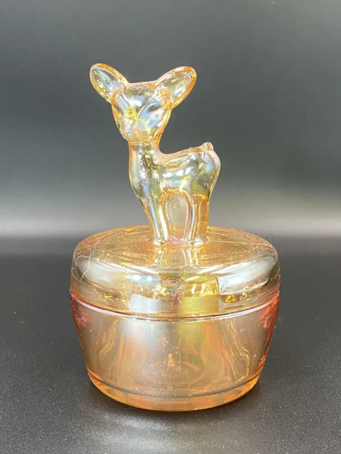 Vintage Jeanette Glass Marigold Carnival Glass Deer Fawn Vanity Powder Jar 6"