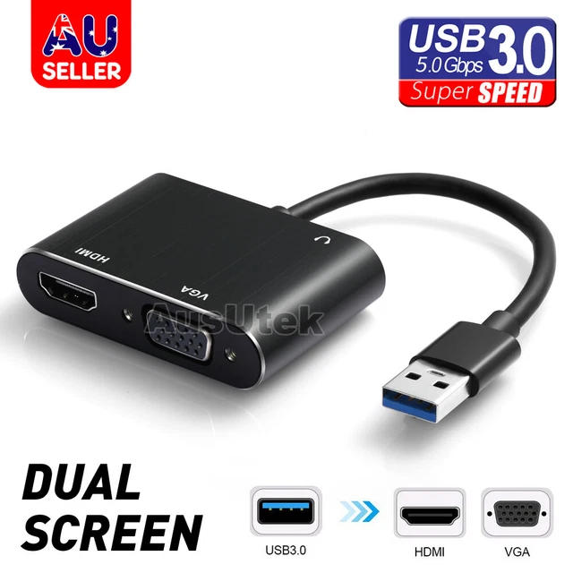 USB 3.0 to Dual HDMI + VGA Full HD 2K Video Adapter Cable Converter PC Laptop