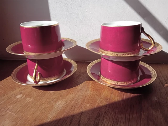 4 Tasses A The Rouge Porcelaine De Limoges Pallas Rehauts Liserets De Dorures