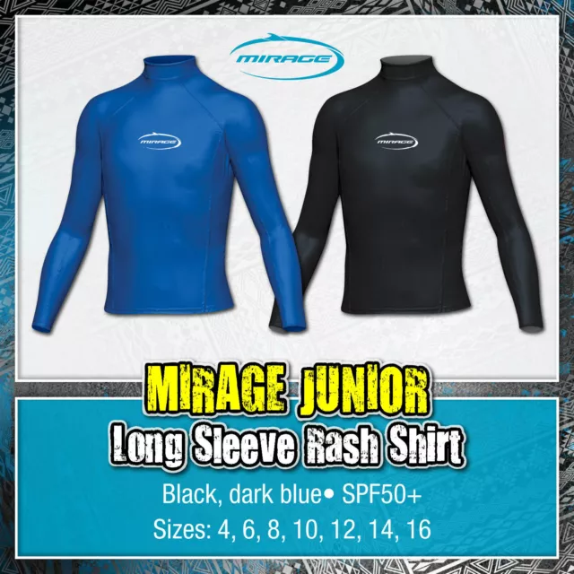 MIRAGE Junior Long Sleeve Rash Shirt Rashie Top Surfing Scuba Diving Swim Kids