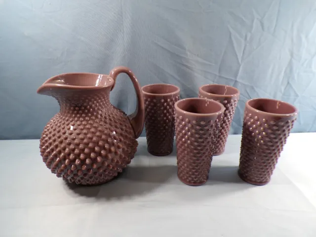 Mosser Eggplant Purple Glass Hobnail Water Set - Ball Pitcher & 4 Tumblers