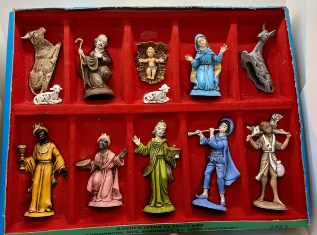 Vintage Hand Painted Nativity Set 12 Plastic Figures Commodore Mfg. From Italy