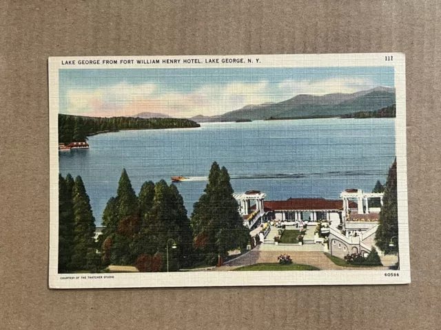 Postcard Lake George, NY Fort William Henry Hotel Speed Boat Vintage New York PC