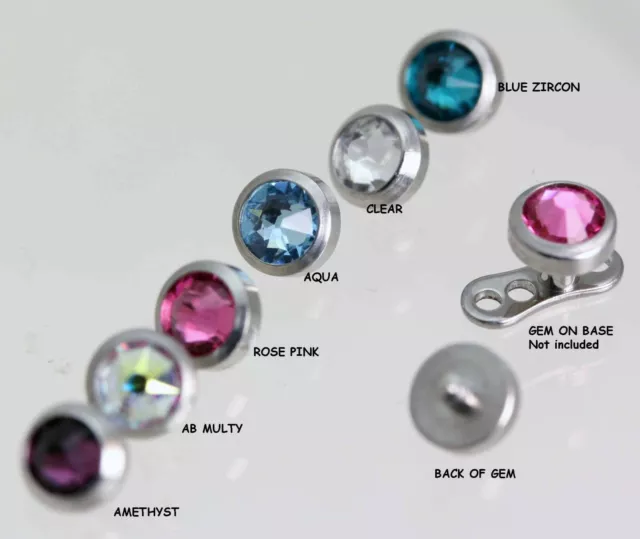 2 x Dermal anchor Gem tops, surface piercing,1.2mm (16g) Internal x4mm Gem =PAIR