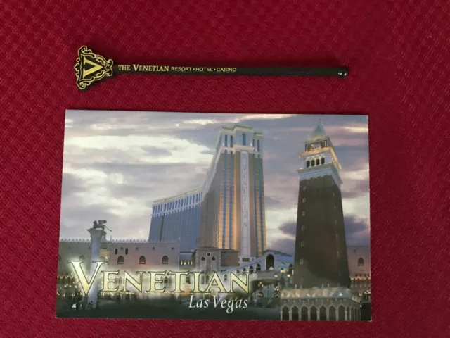 Venetian Hotel Casino souvenir Postcard and Swizzle Stick Las Vegas New