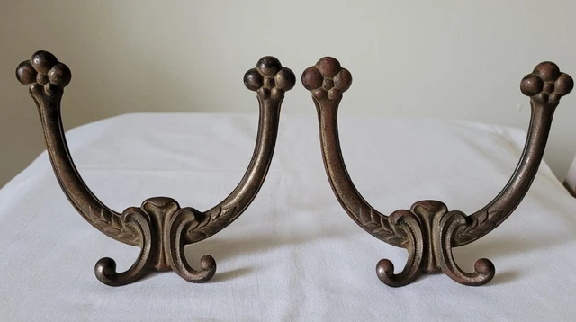 2 Vintage  Hall Tree Hat Rack Coat Hooks Cast Iron Double Hooks Victorian