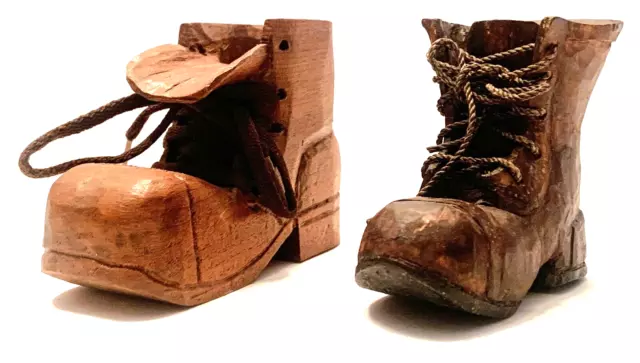 Pair Vintage Hand Carved Miniature Wood Old Boots Shoes w/ Laces