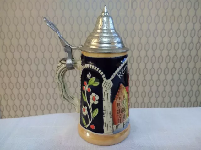 Vintage Small German Art Pottery Ceramic Beer Stein Tankard Mug Metal Lid