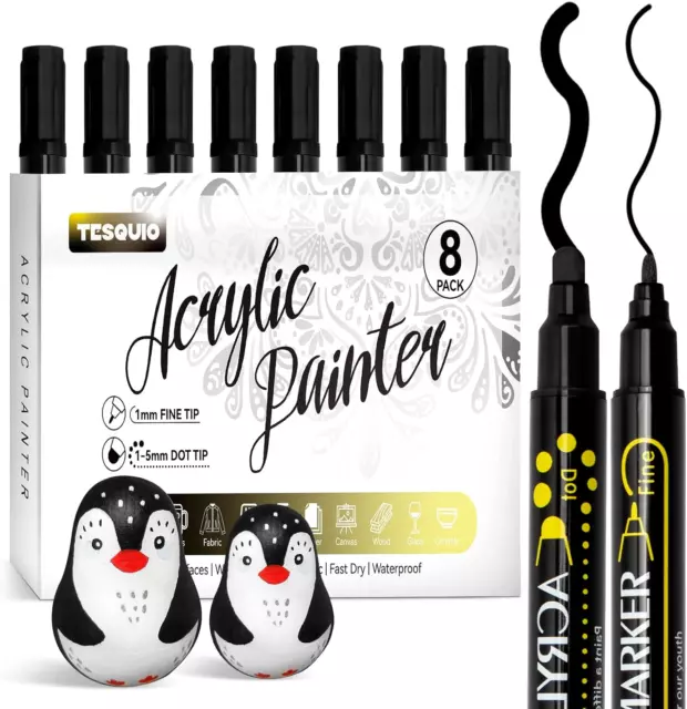 Black Paint Marker, 8 Pack Dual Tip Acrylic Paint Pens, Ideal for Wood, Rock Pai