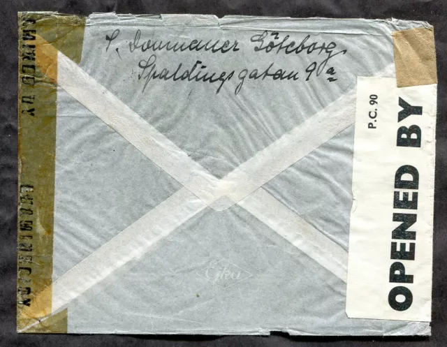 SWEDEN 1943 Double CENSORED Airmail Cover to USA 2