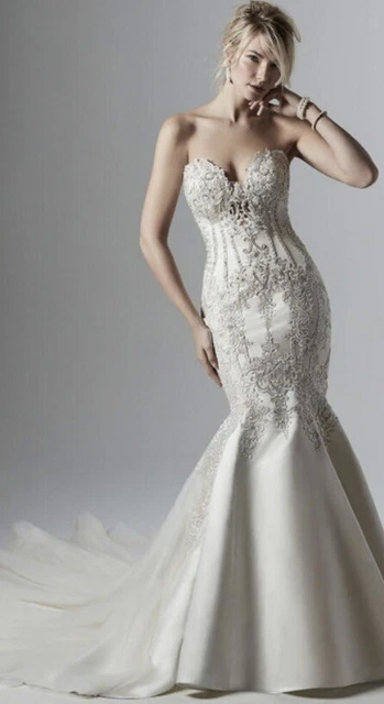 Abito da sposa sottero midgley taglia UK 12 avorio/peltro cristalli Swarovski pizzo