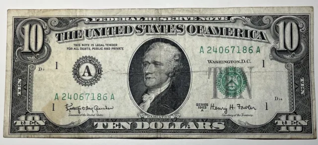 1963 A $10 Ten Dollar Bill Federal Reserve Note  Boston MA Vintage Old Currency