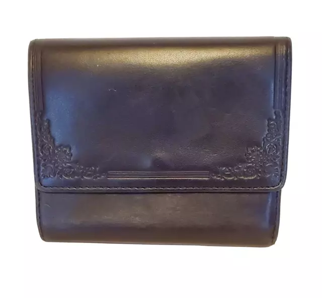 Genuine Leather Wallet Black Tooled Flowers Flap Tri Fold Coin Purse Card Slots