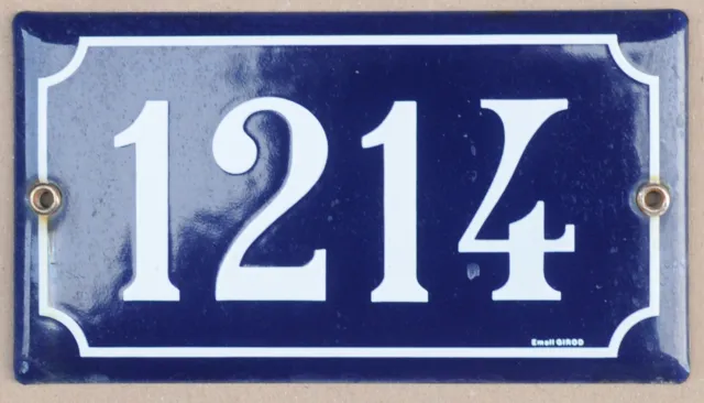 Large old blue French house number 1214 door gate plate plaque enamel metal sign