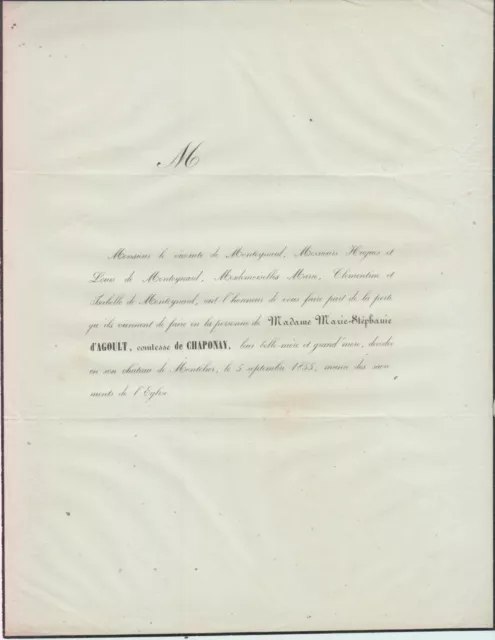 1855 Faire-part décès Marie-Stéphanie d'AGOULT, comtesse de CHAPONAY - Montélier