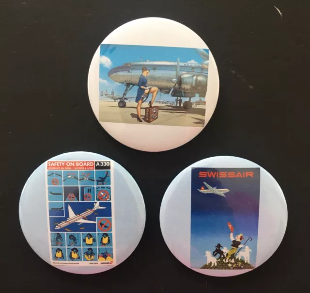 3 Airline Badges Pinbacks Sexy Stewardess Pan Am Swiss Air Airbus Safety Card 2"