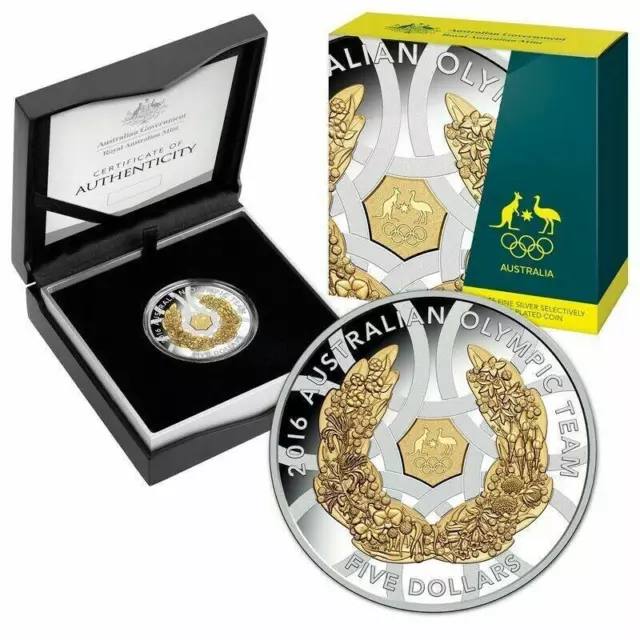 2016 Australian Olympic Team Selectively Gold Plated $5.00 Silver Proof Coin