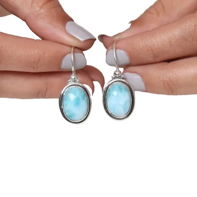 Natural Larimar Gemstone 925 Sterling Silver Handmade Ethnic Earring-1.30" 3