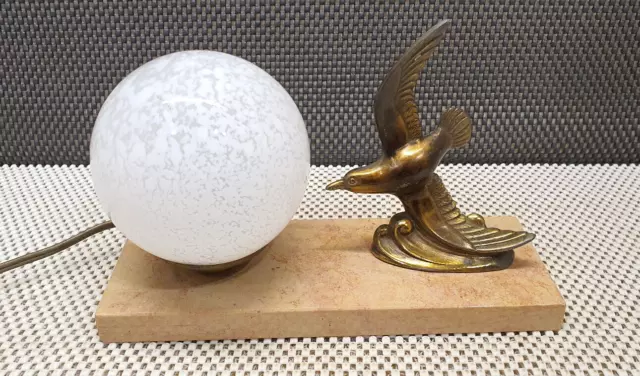 Ancienne Lampe Chevet Oiseau Régule sur Socle Marbre Globe Moucheté