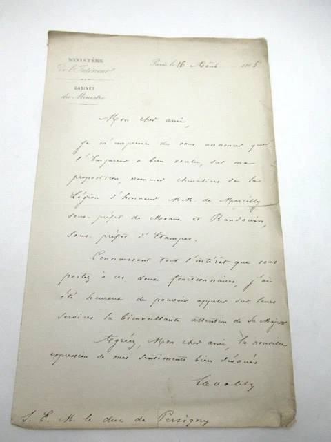 CHARLES DE LA VALETTE Autographe Signé 1865MINISTRE INTERIEUR TURQUIE à